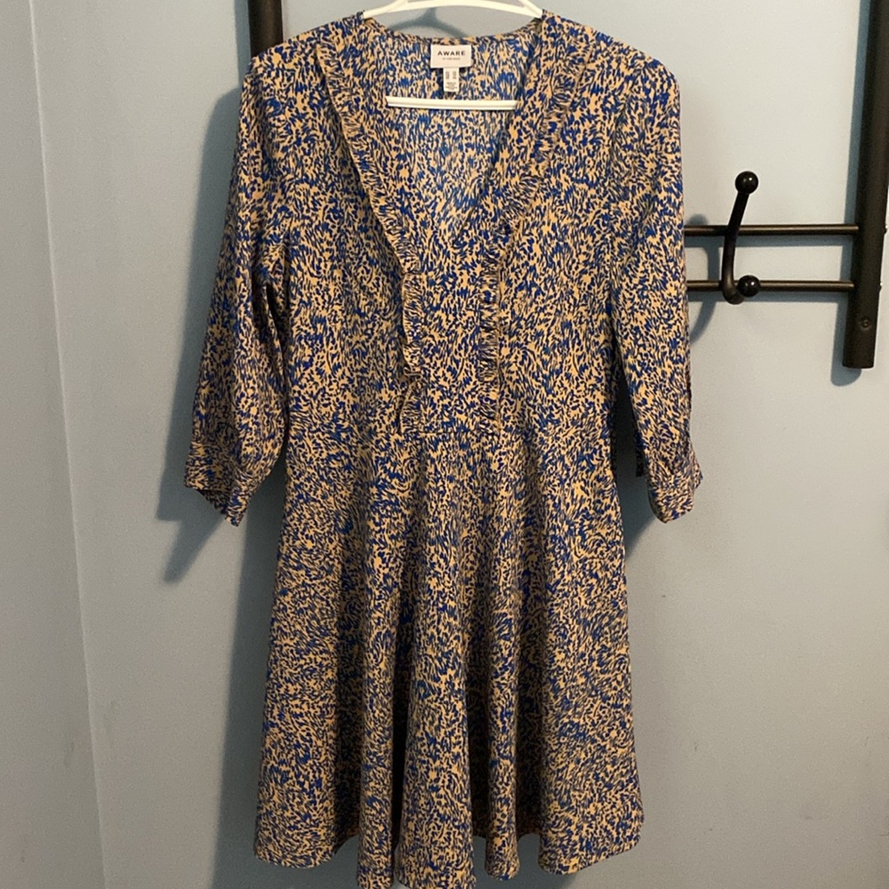 Aware by Vero Moda Blue and tan 3/4 Sleeve Dress
